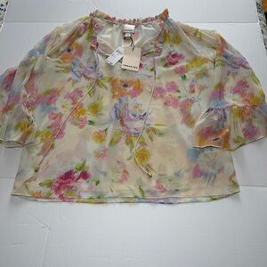 INDUSTRY+ Pastel Floral Sheer Tie-Neck Blouse in Cream